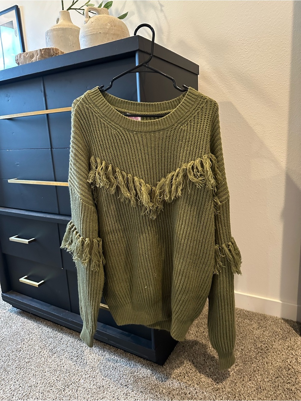Pink Lily Olive Green Fringe Sweater